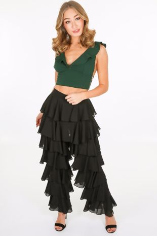 Green Frill Front Crop Top With Cut Out
