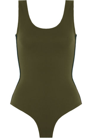 Contrast Side Banded Open Back Bodysuit in Khaki