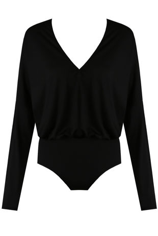 Plunge Neck Ruched Bodysuit in Black