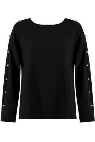 Black Pearls Trim Long Sleeve Tops