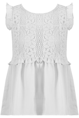 White Lace Overlay Pleated Tops