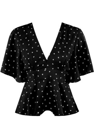 Black Heart Print Tie Back Peplum Blouse