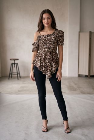 Leopard Frill Asymmetric One Shoulder Top
