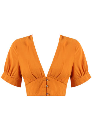 Camel Plunge Neck Button Up Crop Top