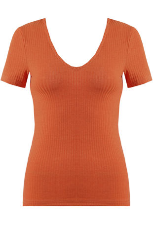Rust Ribbed Deep Neck Tops 