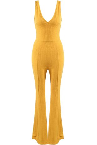 Mustard Ribbed Plunge Neck Jumpsuit
