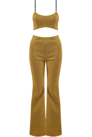 Gold Lurex Crop Top And Flare Trouser Set