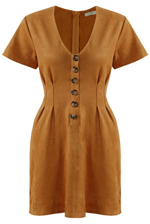 Camel Faux Suede Mini Dress With Button Detail