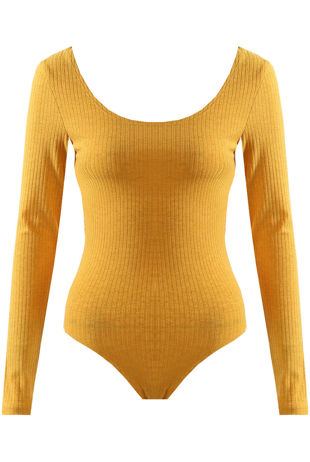 Wide Neck Ribbed Bodysuit in Mustard