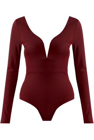 Wine Plunge Neck Deep Back Bodysuits