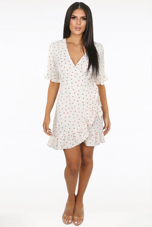 Cream Heart Print Wrap Dress