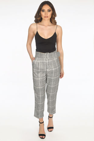 Tailored Check Belted Trousers In Grey