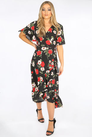 Black Floral Wrap Midi Dress
