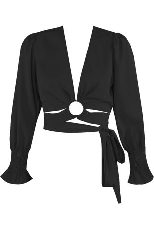 Long Sleeve Belted Blouse In Black-Copy