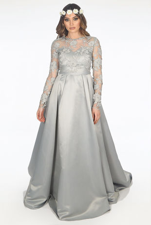 Grey Lace Bodice Satin Maxi Dress 