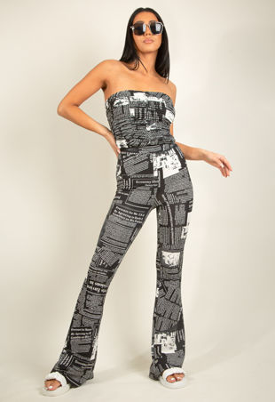 News Paper Print Bandeau Tops & Trouser Set in Black