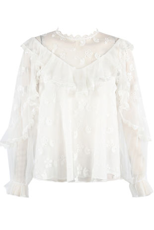 White Broderie Anglaise Frill Mesh Blouse