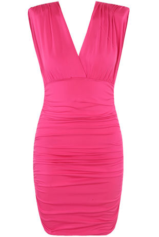 Fuchsia V Neck Ruched Mini Dress