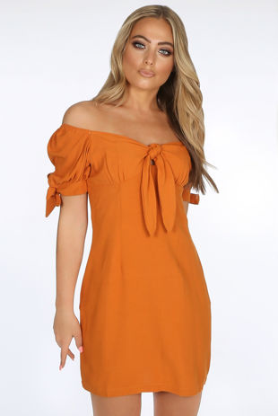 Camel Tie Front Bardot Day Dress
