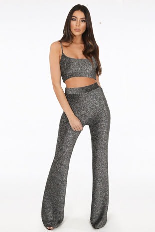 Grey Lurex Glitter Flare Trousers