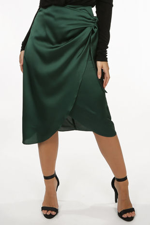 Green Satin Tie Up Wrap Skirt