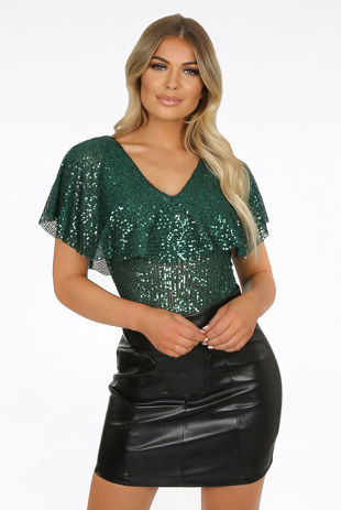 Green Sequin Frill Bodysuit