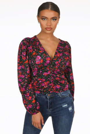 Black Layered Button Trim Low Neck Blouse 