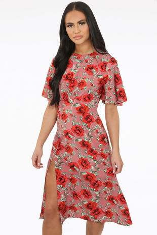 Rose Contrast Floral Print Side Slit Midi Dress