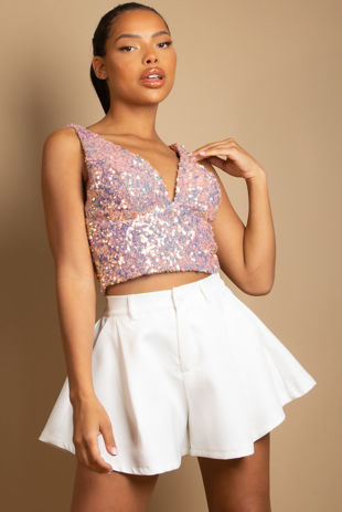 Pink Sequin V Neck Crop Tops