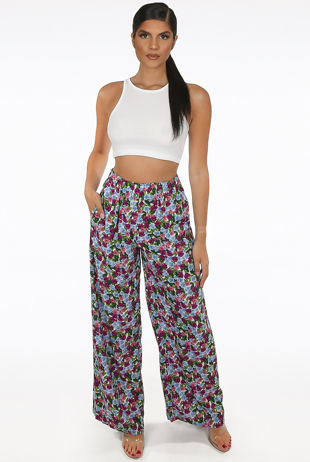 Blue Contrast Floral Print Elasticated Waist Trouser