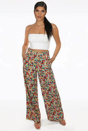 Yellow Contrast Floral Print Elasticated Waist Trouser