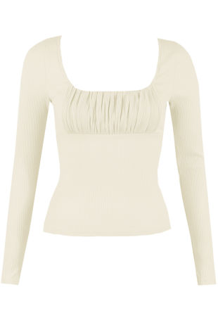 Cream Pleated Low Neck Ribbed Long Sleeve Top