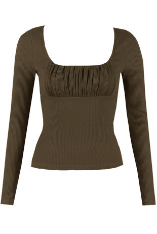 Khaki Pleated Low Neck Ribbed Long Sleeve Top