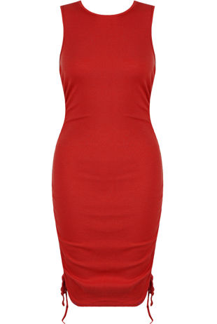 Red Side Ruched Ribbed Mini Dress
