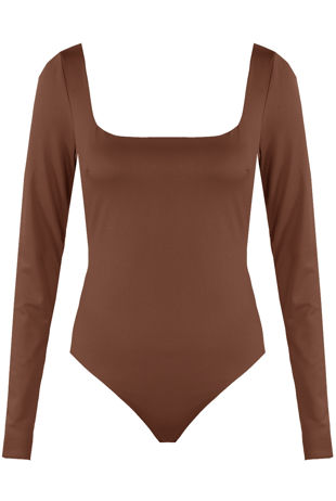 Brown Square Neck Long Sleeve Bodysuit