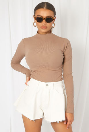 Taupe Ribbed High Neck Top