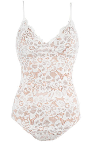 White Contrast Floral Lace Scallop Hem Bodysuit