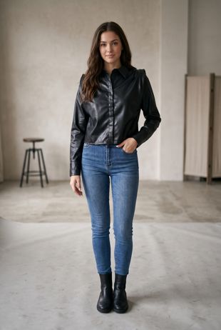 Black Cropped PU Shirt