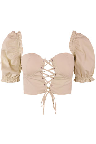 Beige Lace Front Puff Sleeve Crop Top