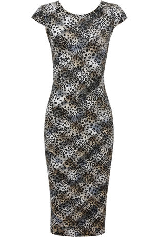 Leopard Print Cap Sleeve Midi Dress 