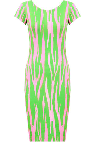 Neon Pink and Green Abstract Animal Print Cap Sleeve Midi Dress