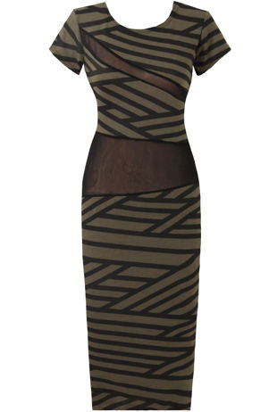 Khaki and Black Striped Knitted Net Paneled Midi Dress