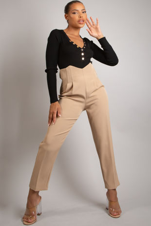 Beige Pleated High Waist Tailored Trousers