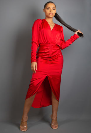 Red Ruched Satin V Neck Midi Dress
