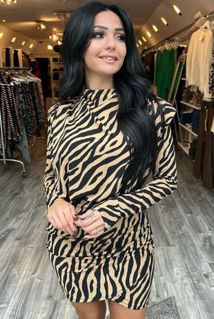 Taupe Zebra Print Padded Shoulder Draped Mini Dress