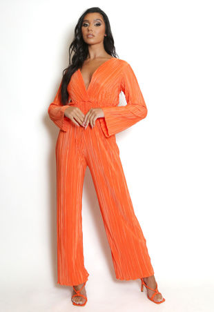 Orange Plisse Wrap Look Jumpsuit