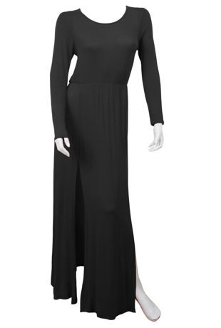 Black Laser Print Long Sleeved Front Slits Maxi Dress