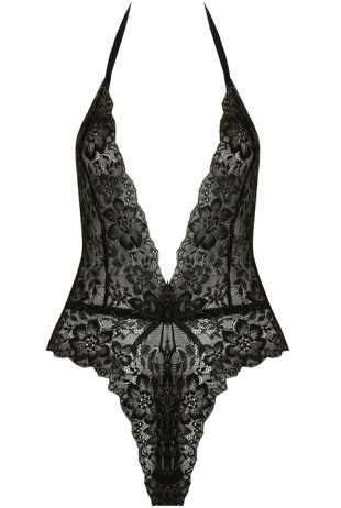 Black Lace Front Low Neck Bodysuit