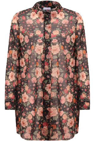 Red Flower Print Long Sleeve Swing Shirt Dress