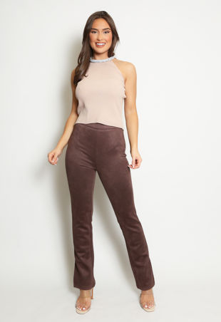 Brown Faux Suede Ankle Slit Trouser